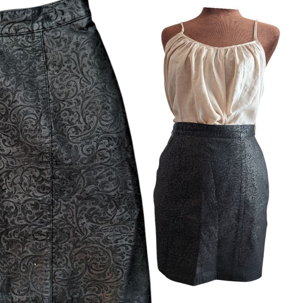 BCBGMaxAzria genuine Leather Black A-Line Mini Intricate Lace Effect Medium